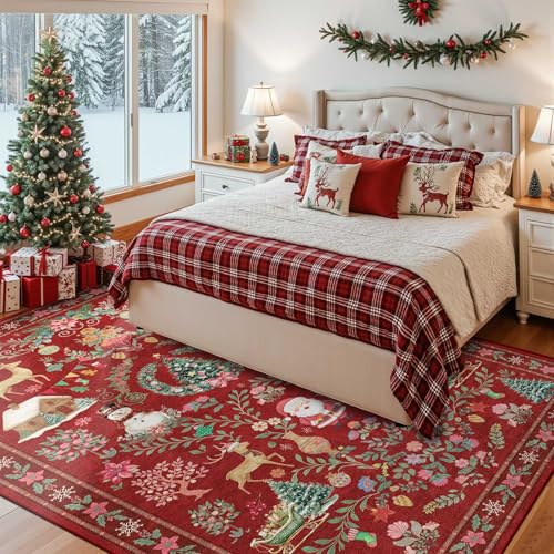 Christmas Rug 5x7 Area Rugs for Living Room Bedroom, Red