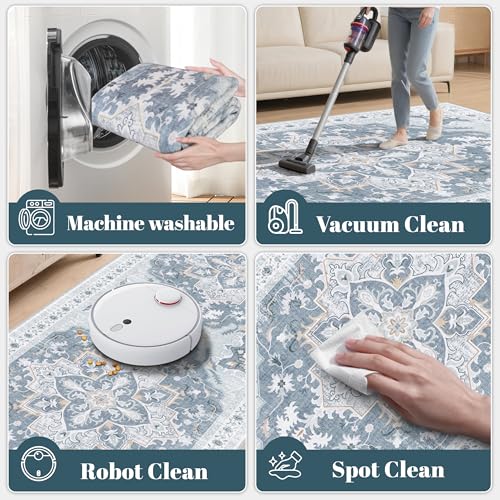 3x5 Washable Rug, Vintage Medallion Small Carpet for Living Room and Bedroom, Low Pile Indoor Entryway Rug with Non-Slip Silicone Backing, Non-Shedding, Blue/Gray