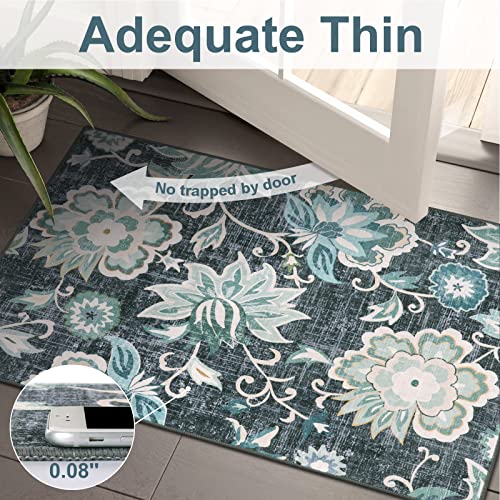 Floral Entry Rugs for Inside House,2x3 Non Slip Washable Kitchen Rug Front Door Mat, Ultra Thin Doormat Non-Shedding Throw Carpet for Bedroom Bathroom (Blue,2'x3')