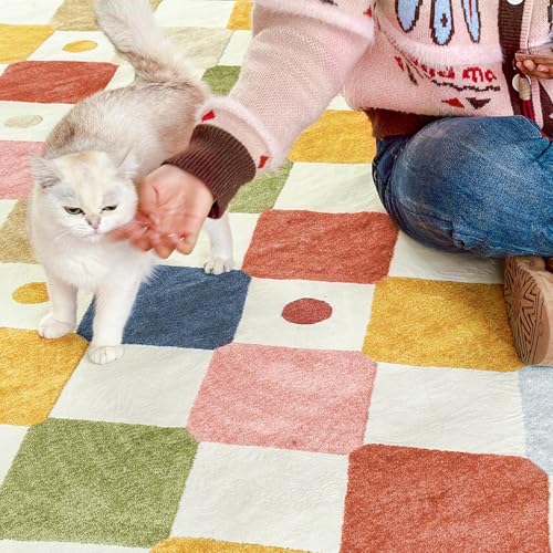 jinchan 7ft Kids Round Rug Washable Classroom Rug Colorful Checkered Mat