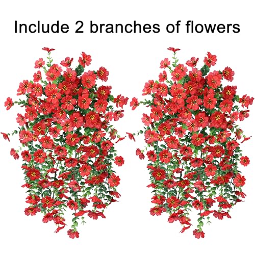 INSPRING Artificial Faux Outdoor Outside Flowers Plants, 2 PCS Fake Silk UV Resistant Look Real Red Daisy Trailing Vines for Front Door Porch Planter Urn Patio Balcony Decoration
