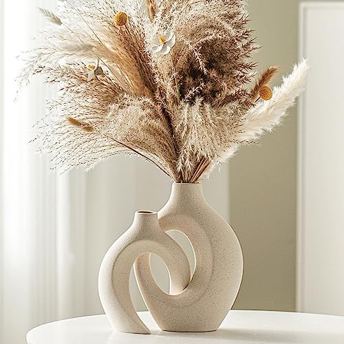 Levvohd Hollow Ceramic Vase Set of 2, Modern Nordic Minimalist Book Style Boho Aesthetic Vases for Home Decor Living Room Shelf Entryway Coffee Centerpiece Table Decorative (Cream White)