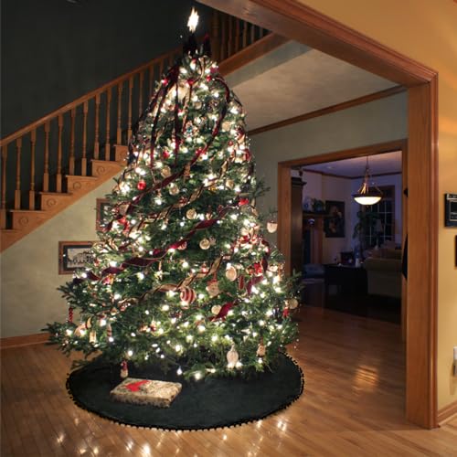 Christmas Tree Skirt, Black Christmas Tree Skirt 48 inches Soft Double Layer Burlap Tree Skirt with Pom Pom for Rustic Christmas Halloween Decorations