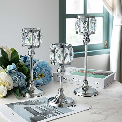 Crystal Tealight Candle Holders Set of 6 (9''/11''/13'') - Elegant Metal & Glass Centerpieces for Stunning Home Decor (Silver)