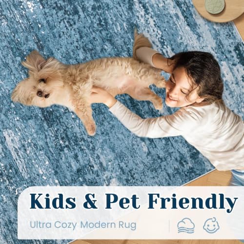 Washable Rug 9x12 Area Rugs for Living Room: Large Neutral Soft Rug Abstract Non Slip Low Pile Modern Carpet for Bedroom Kitchen Nursery Office Dining Room Indoor (Darkblue, 9'x12')