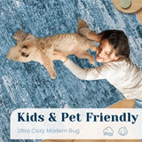 Washable Rug 9x12 Area Rugs for Living Room: Large Neutral Soft Rug Abstract Non Slip Low Pile Modern Carpet for Bedroom Kitchen Nursery Office Dining Room Indoor (Darkblue, 9'x12')