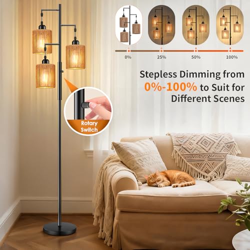 Hotsonic 72" Tall Boho Rattan Style Floor Lamp with Hand-Woven Paper Cord Shade, Dimmable Industrial Tree Standing Lamp for Living Room, Bedroom, Study Room, Office (3 x 800LM Bulbs Included) - Black