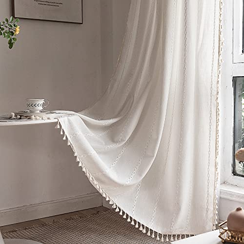 Deeprove White Boho Curtains 84 Inches Long for Bedroom Living Room, Cream Chic Linen Cotton Embroidered Semi Blackout Bohemian Farmhouse Window Treatment Drape Vintage Tassels, 1 Panel W52 x L84