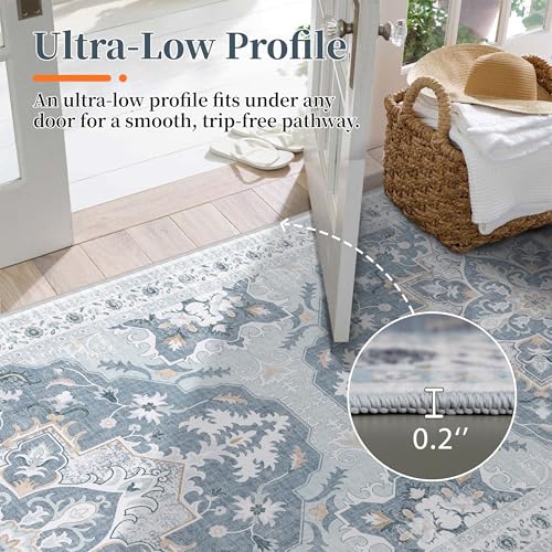 3x5 Washable Rug, Vintage Medallion Small Carpet for Living Room and Bedroom, Low Pile Indoor Entryway Rug with Non-Slip Silicone Backing, Non-Shedding, Blue/Gray