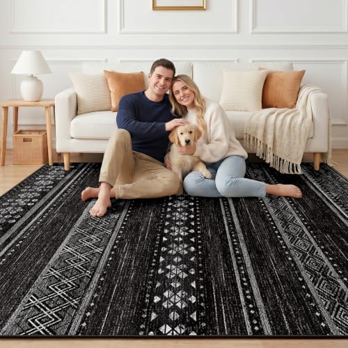 BESTSWEETIE 8x10 Area Rugs for Living Room Washable Moroccan Farmhouse Neutral Geometric Low Pile Non-Slip Soft Print Pattern Rug for Bedroom Kitchen Dining Room Entryway Black/White