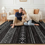 BESTSWEETIE 8x10 Area Rugs for Living Room Washable Moroccan Farmhouse Neutral Geometric Low Pile Non-Slip Soft Print Pattern Rug for Bedroom Kitchen Dining Room Entryway Black/White