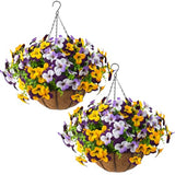 2 Set Artificial Outdoor Pansy Flowers with Hanging Baskets, 2 Hanging Baskets with 24 Pcs Silk Flowers for Spring Easter Decorations Porch Patio Home Decor (2, Purple, Yellow, White, Light Purple)