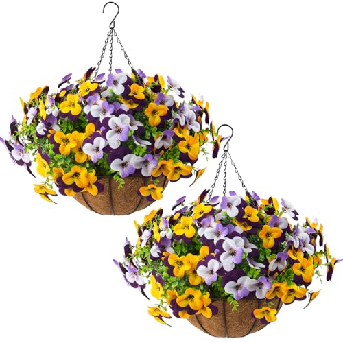 2 Set Artificial Outdoor Pansy Flowers with Hanging Baskets, 2 Hanging Baskets with 24 Pcs Silk Flowers for Spring Easter Decorations Porch Patio Home Decor (2, Purple, Yellow, White, Light Purple)