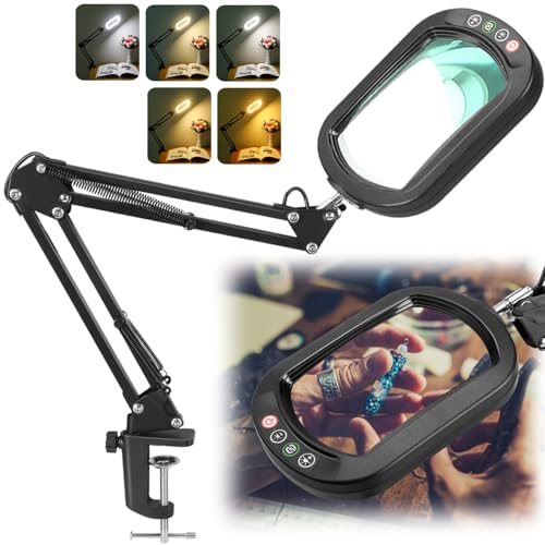 12X Magnifying Glass with Light, Rectangle Real Glass, 5 Color Modes Stepless Dimmable Magnifier with Stand, LED Lighted Clamp Desk Lamp with Swing Arm, Hands Free for Reading Crafts Close Work