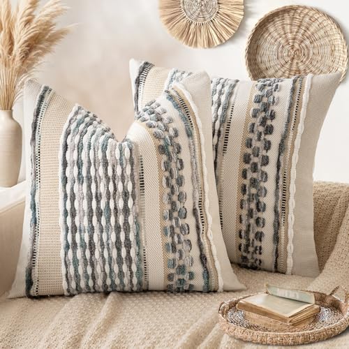 Boho Decorative Pillow Covers Gray Blue Stripe 24x24 Inch Pack of 2