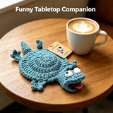 Funny Crochet Lizard Coaster, Handmade Animal Mug Rug Coaster, Cute 3D Amigurumi Drink Mat for Coffee Table Desk Home Decor Housewarming Gift (Blue+Green)