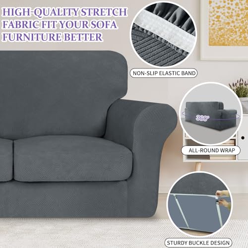 ZNSAYOTX 3 Piece Stretch Sofa Covers (71"-91") for 2 XL Cushion Couch, Thick Striped Sofa Cover with Elastic Band Bottom Ties Non-Slip Stay in Place, Soft Durable Couch Slipcovers, Dark Grey