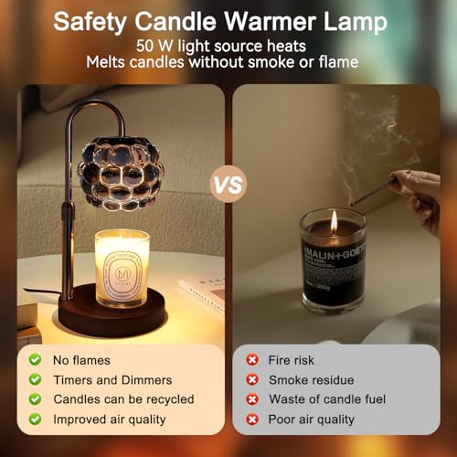 Candle Warmer Lamp with Timer Adjustable - Height Candle Warmer, Dimmer, Black Glass Wax Melting Lamps for Home Decor, for Candles in Jars with 2 Bulbs