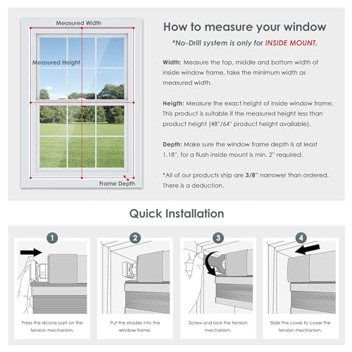 LazBlinds No Tools No Drill Cordless Cellular Shades, Top Down Bottom Up (TDBU) Honeycomb Shades for Home, Blackout Light Blocking Thermal Insulation Blinds for Windows, 34" W x 64" H, White