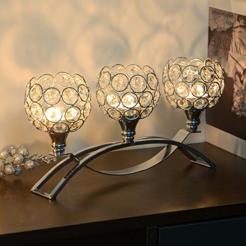 Crystal Tealight Candle Holder Centerpiece Home Decorative Candlestick Holder Elegant Table Centerpiece Home Decor Wedding Party Anniversary (Silver, 3 Arm)