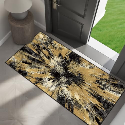 2x4 Runner Rug Washable Entryway: Non Slip Abstract Carpet Black Gold