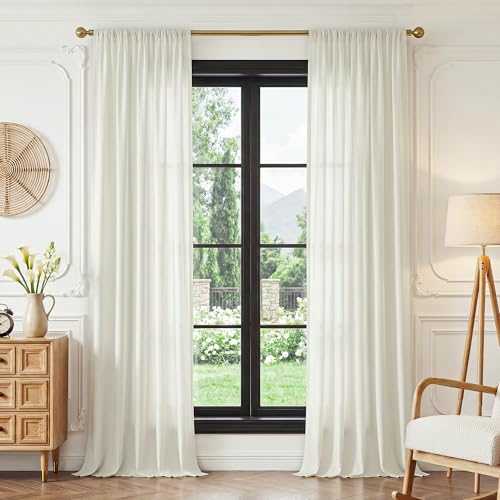 FMFUNCTEX Sheer Non-See-Through Netural Beige Curtains for Bedroom, Faux Silk that Let Light Curtains 84 inches Long Light Filtering Privacy Sheer Drapes for Living Room, Rod Pocket 2 Panels Set
