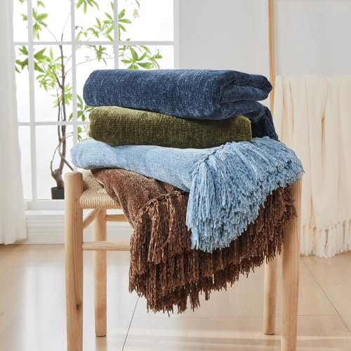 CozeCube Chenille Throw Blanket for Couch, Cozy Plush Fuzzy Decorative Dusty Blue Blanket with Fringe Tassels, Lightweight Throws for Bed Sofa Gift Home Decor, 50"X60"