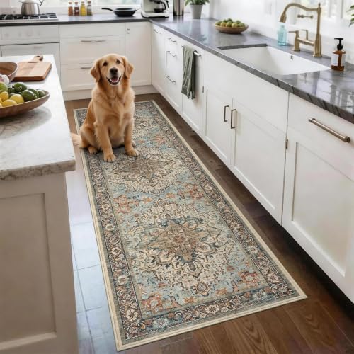 Washable 2x6 Runner Rug, Blue Vintage Floral Non-Slip for Hallway, Kitchen