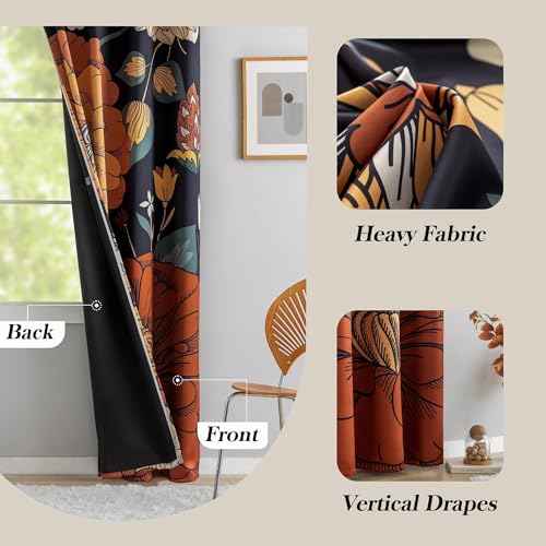 Tyrot Black Boho Floral 100% Blackout Curtains for Bedroom 84 inch Long 2 Panels Mid Century Botanical Black Out Curtains for Living Room Grommet Thermal Insulated Room Darkening Window Drapes,52Wx84L
