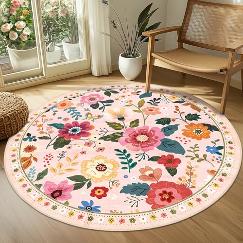 RELEANY Floral Washable Round 4ft Area Rug Pink
