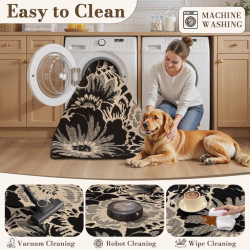 Findosom Washable Area Rug 5x7, Non Slip High-Low Textured Floral Rugs for Living Room with Rubber Backing, Boho Carpet for Bedroom, Kitchen, Entryway, Laundry, Black & Beige