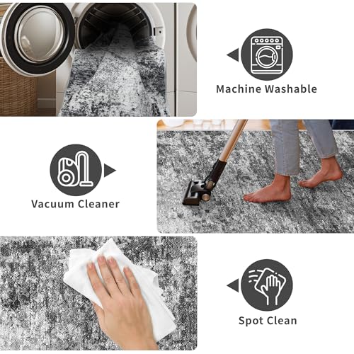 Washable Runner Rug 2x7: Non-Slip Low Pile Hallway Runners Modern Abstract Kitchen Rugs Soft Thin Entryway Carpet Stain Resistant Floor Decor Mat for Bedside Bathroom(Black/Grey/White, 2X7)