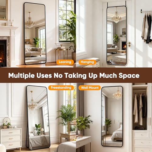Antok 48''x 14'' Full Length Mirror Over Door, 4-in-1 Standing Leaning Wall Mounted, Adjustable Hanging Mirror for Bedroom Living Room, Black, Rounded Corner