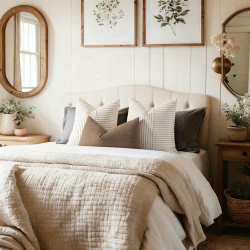 YCOLL Farmhouse Pillow Covers 22x22, Modern Accent Square Throw Pillow Covers Set of 2, Khaki and Beige Striped Patchwork Linen Decorative Pillows Cushion Covers for Couch Chair Bedroom Home Decor