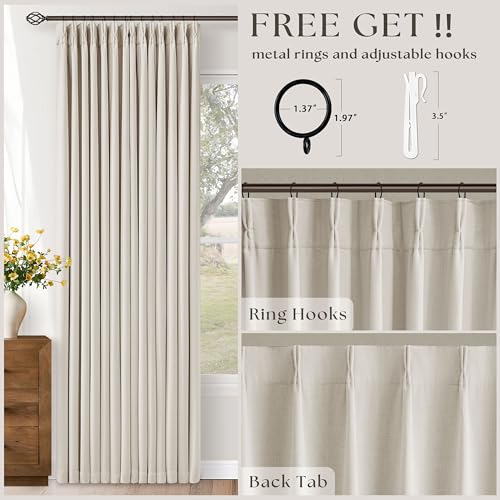 90 Inch Pinch Pleated Blackout Linen Curtains for Bedroom 2 Panels Memory Trained 100% Black Out Soundproof Room Darkening Natural Cream Ivory Birch Window Curtains Double Layer Pinch Pleat Drapes