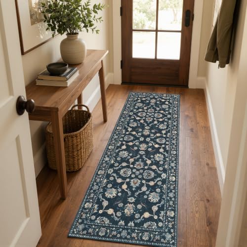 jinchan 2x6 Traditional Floral Runner Rug, Washable Rug, Midnight Blue