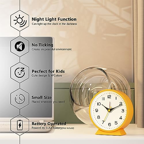 AYRELY® 4.5" Analog Alarm Clock,Small Retro Desk Clock Battery Operated,Slient Metal Table Clock with Light for Living Room Decor,Bedroom,Bedside,Shelf (Orange-Yellow)
