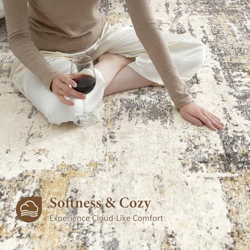 Area Rugs for Living Room: 5x7 Abstract Washable Rug Modern Neutral Large Soft Stain Resistant Non-Slip Backing Machine Table for Bedroom Dining Room Indoor Home Office Carpet - Gold Brown