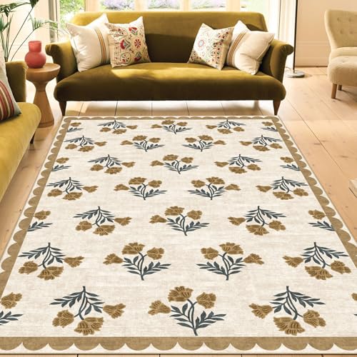 Beige 6x9 Washable Nursery Rug - Boho Floral Scalloped Farmhouse Area Rug for Living Room Stain Resistant Dining Room Rugs for Under Table Non Slip Soft Carpet Rugs for Bedroom Foyer Decor