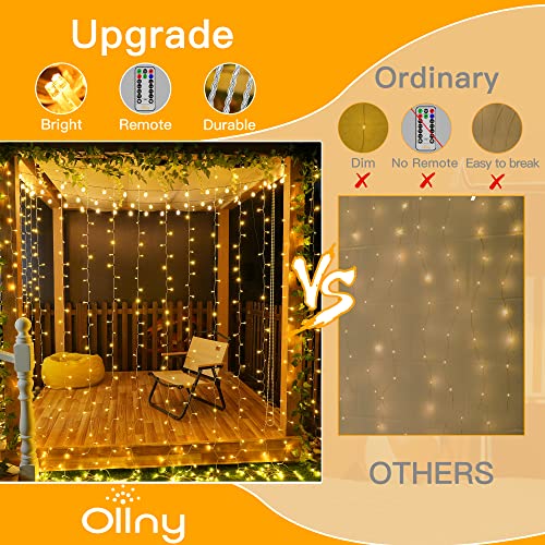 Ollny Curtain Lights 6.6x6.6ft, 200 LED String Lights with Remote 8 Modes Dimmable Timer, USB Power Fairy Light for Bedroom Backdrop Indoor Wall Window Christmas Decorations, Warm White