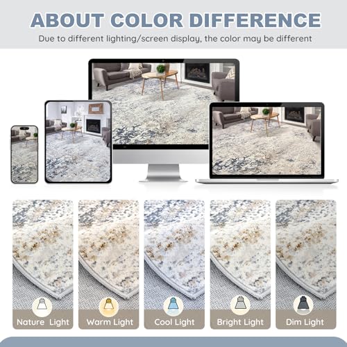 DMOYEST 6ft Round Area Rug Living Room Rugs - 6x6 Washable Large Soft Indoor Modern Abstract Low Pile Rug Carpet for Bedroom Dining Room Farmhouse Home Office - Beige Blue