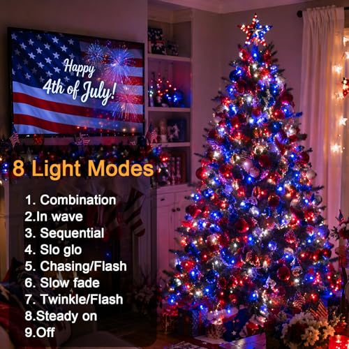 Couah 2 Pack 100 LED 38.4FT Red White and Blue Lights Battery Operated, Patriotic 4th of July Lights 8 Modes-Timer Indoor Outdoor Party Patriotic Memorial Day Independence 4th of July Decorations