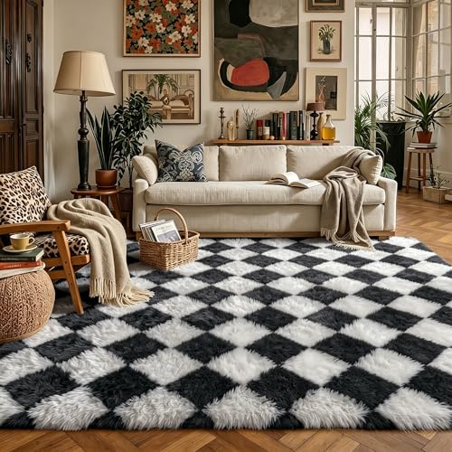 HUGEAR Checkered Rug 5x8 Living Room Black White Modern Shag Rug Soft Fluffy Washable Indoor Carpet Fuzzy Vacuumable Rugs for Bedroom Home Decor Non Slip