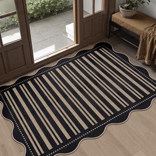 Striped Easy Jute Front Door Mat, 2.6x4 Washable Entryway Rug Non Slip Small Kitchen Rug, Farmhouse Low Pile Floor Scalloped Rugs for Bathroom Porch Doorway