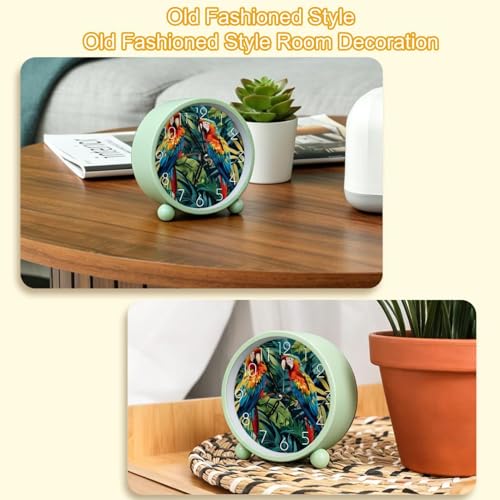 Small Analog Alarm Clock, 4.3 inch Silent Desk Clock with Night Light, Battery Operated, for Kids Bedroom Living Room Bedside, Tropical Birds Parrots Exotic Jungle Plants