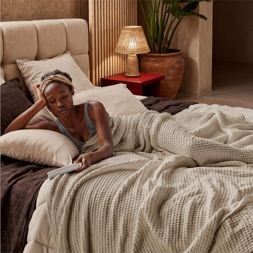 Bedsure 100% Cotton Throw Blanket for Couch 50x70 inches - Cooling Breathable and Soft for Summer, Waffle Weave Throw Blanket for Office, Taupe