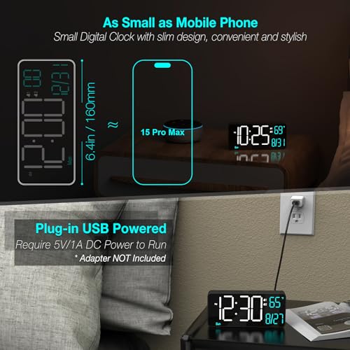 KOSUMOSU Alarm Clocks for Living Room, 6.7in Small Digital Clock for Bedroom, Auto Dimming,Date,Day of Week,Seconds or Indoor Temperature,Digital Alarm Clocks for Bedrooms,LED Desk Clock