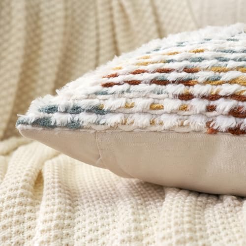 Aeckself Boho Chenille Tufted Pillow Cover 12 x 20 Inch, Rectangle Decorative Lumbar Throw Pillow Cover Neutral Pillowcase for Couch Bedroom Living Room, Orange White