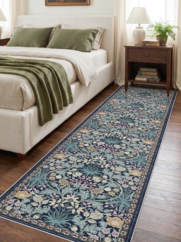 2x8 Washable Runner Rug for Kitchen: Non-Slip Floral Carpet Runners Boho Indoor Rugs for Entryway Hallways - Botanical Soft Low Pile Long Mats for Floor Bedroom Laundry 2x8 Blue
