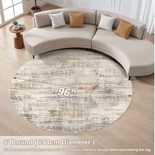 8ft Round Area Rug for Living Room Washable Abstract Golden Brown